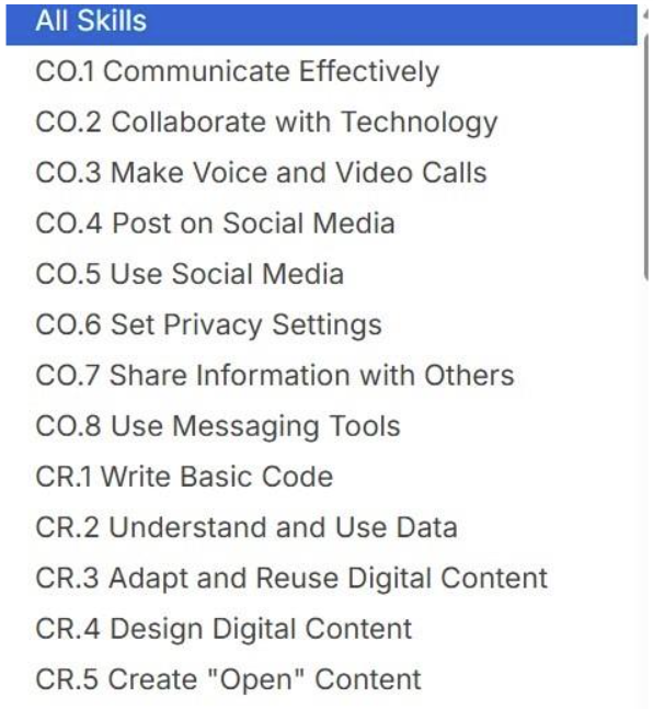 A close-up screenshot of a list of words listing all skills